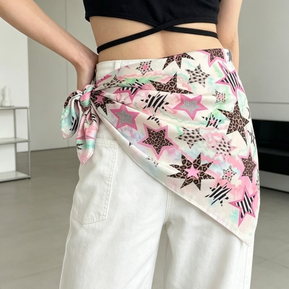 Women'S Fashion Edgy - ผ้าพันคอทรงสี่เหลี่ยมวินเทจทนทาน ลายเสือดาวและดาว สไตล์ Y2K ผ้าคลุมศีรษะหวานซ่อนเปรี้ยว น้ำหนักเบา