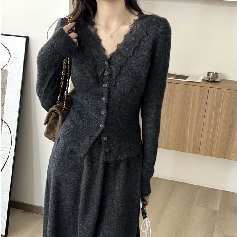 Longline Cardigan Knit - เสื้อคาร์ดิแกนถักแขนยาวลูกไม้สไตล์เกาหลี ชุดลำลองแฟชั่นฤดูใบไม้ร่วง สไตล์ฝรั่งเศส เสื้อท่อนบนหรูหรา กระโปรง ชุดสองชิ้น