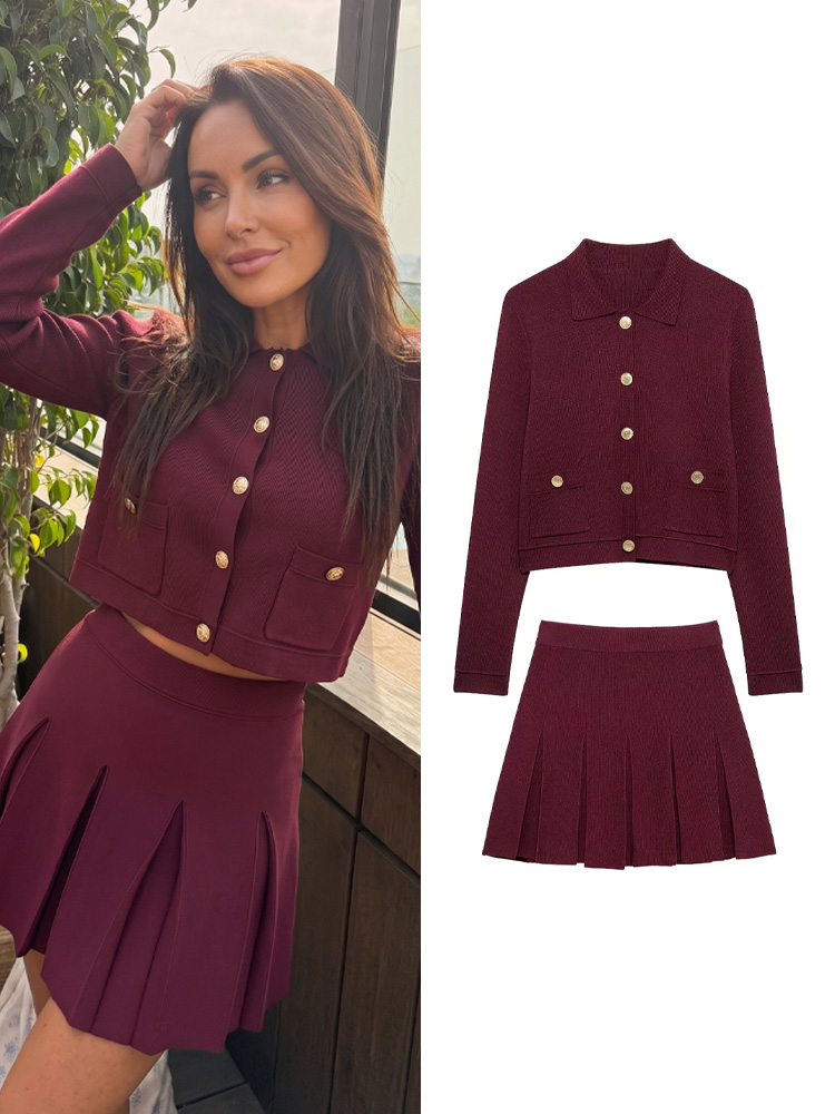 Women'S Fashion Knitwear - ชุดเซ็ตกระโปรงสีแดงถักนิตติ้งสำหรับผู้หญิง ดีไซน์หรูหรา ปกเสื้อแบบลา펠 กระดุมแถวเดียว แขนยาว เสื้อคลุมคาร์ดิแกน