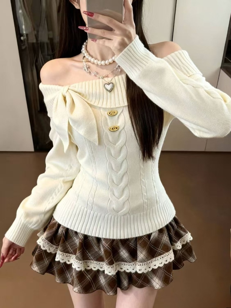 Women'S Fashion Knitwear - ชุดเซ็ต 2 ชิ้นสไตล์ญี่ปุ่นน่ารักสำหรับผู้หญิง เสื้อสเวตเตอร์ถักสีพื้น กระโปรงสั้นลายสก็อตทรงเข้ารูป แฟชั่นฮาราจูกุ