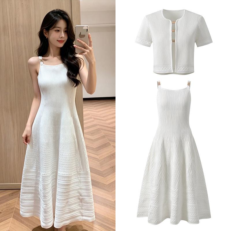 Longline Cardigan Knit - ชุดสูทแจ็คการ์ดสไตล์หรูหราสำหรับฤดูร้อนปี 2026 เสื้อคาร์ดิแกนแขนสั้นคอกลม ชุดเดรสยาวทรงเอแบบไม่มีแขน ผ้าถักเนื้อแน่นสีพื้นสำหรับผู้หญิง ชุด