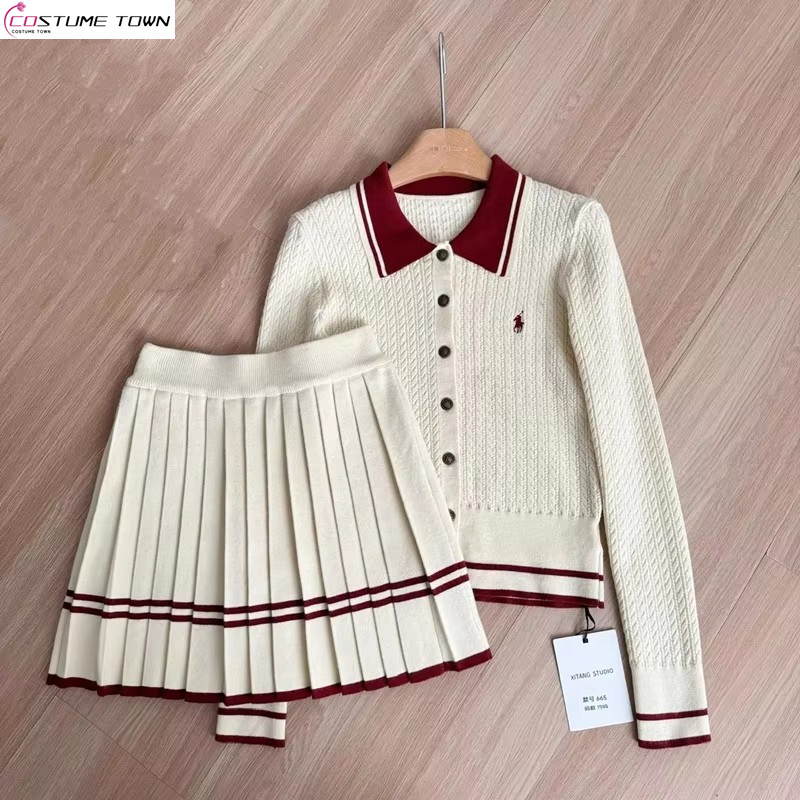 Women'S Fashion Knitwear - ฤดูใบไม้ร่วงและฤดูหนาวเวอร์ชั่นเกาหลีใหม่ถักชุดหวานสไตล์วิทยาลัยถักเสื้อกันหนาว + กระโปรงจีบแฟชั่นชุดสองชิ้น