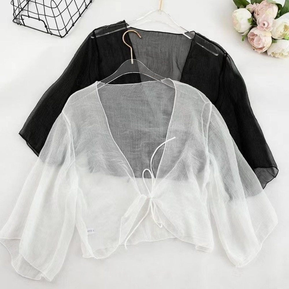 Women'S Fashion Knitwear - ฤดูร้อน Crinkle ผู้หญิงเสื้อสเวตเตอร์ถักชีฟองหลวมบางส่วนด้านบนดูผ่านโปร่งใสผ้าคลุมไหล่สั้นเสื้อแจ็คเก็ตขนาดเล็ก