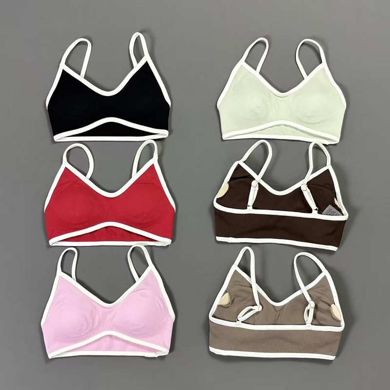 Bra Top Seamless - เสื้อชั้นในโยคะแบบมีสายรัดคอวีสีขาวขอบบางไร้โครงเสริมฟองน้ำสำหรับออกกำลังกายทุกวัน ฟิตเนส ครอปท็อป
