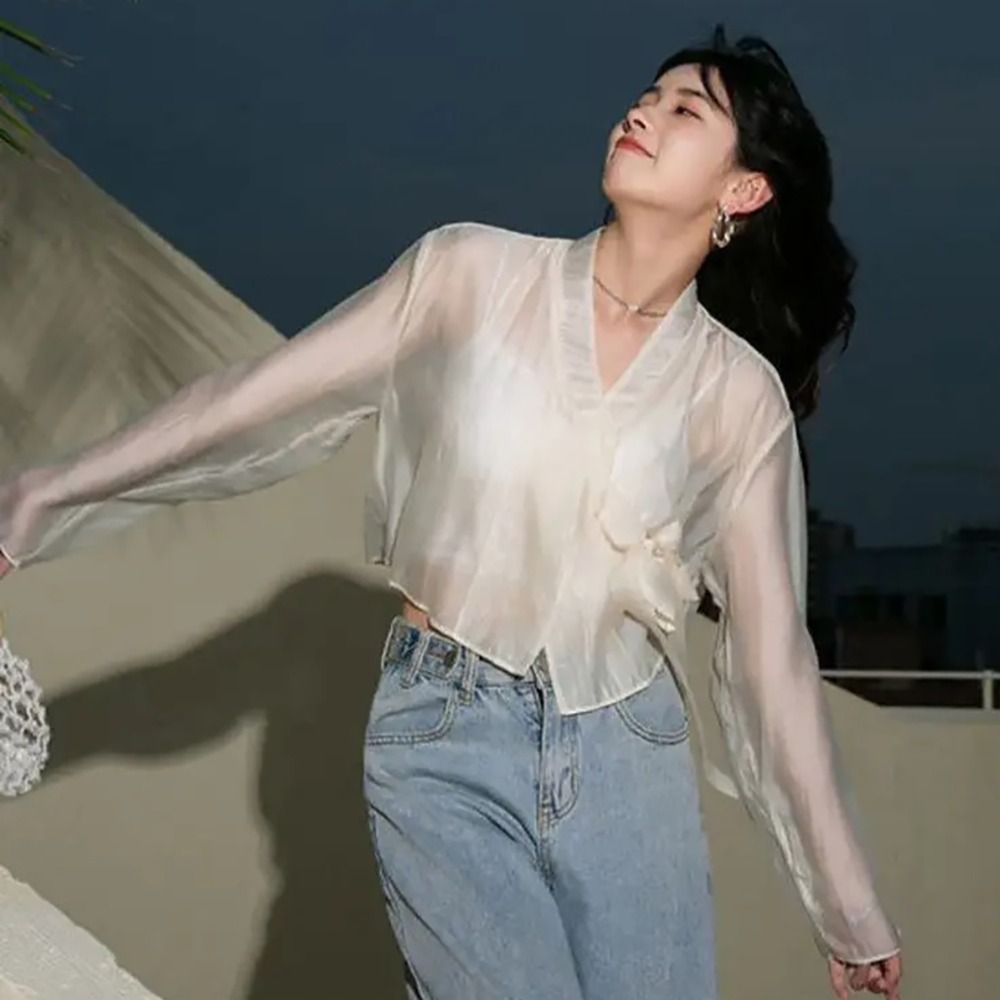 Women'S Fashion Knitwear - ผ้าคลุมไหล่สไตล์ฮันฝู ผ้าไหมน้ำแข็งบางเบา คอวี ป้องกันแสงแดด เสื้อคลุมแขนยาวโปร่งแสง เสื้อผ้าผู้หญิง