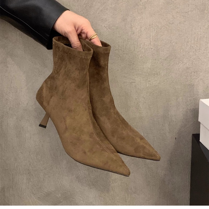 Women'S Fashion Socks - รองเท้าบูทหุ้มข้อหนังกลับยืดได้สำหรับผู้หญิง ปลายแหลม ส้นเข็มบาง แบบสวม ใส่สบาย เหมาะสำหรับงานปาร์ตี้