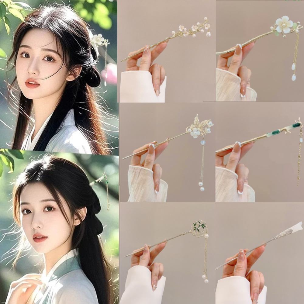 Women Fashion Hub - 1/6 ชิ้น ปิ่นปักผมแบบจีน ดีไซน์ดอกไม้แบบดั้งเดิม ประดับพู่ห้อย สวยงาม