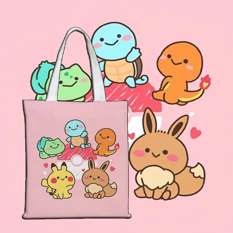 Canvas Tote Bag - กระเป๋าผ้าแคนวาสลายโปเกมอนน่ารัก กระเป๋าสะพายสำหรับนักเรียน กระเป๋าใส่หนังสือเรียน กระเป๋าเดินทางไปโรงเรียน กระเป๋าความจุขนาดใหญ่ ของขวัญสำหรับเพื่อน