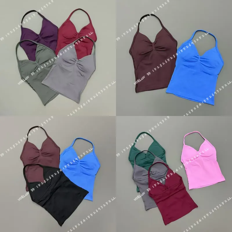 Bra Top Seamless - เสื้อกล้ามออกกำลังกายสำหรับผู้หญิง คอฮอลเตอร์ พร้อมบราในตัว คอวี ไร้ตะเข็บ ทรงเข้ารูป