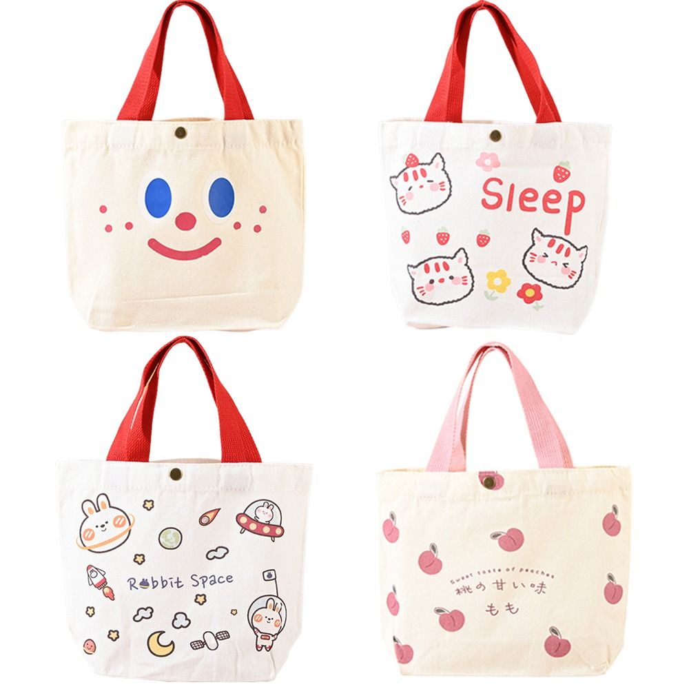 Canvas Tote Bag - กระเป๋าผ้าแคนวาสสีพีชแฟชั่น กระเป๋าถือขนาดใหญ่ความจุมาก กระเป๋าถือขนาดเล็ก ลายการ์ตูน กระเป๋าใส่อาหารกลางวัน กระเป๋าเดินทาง