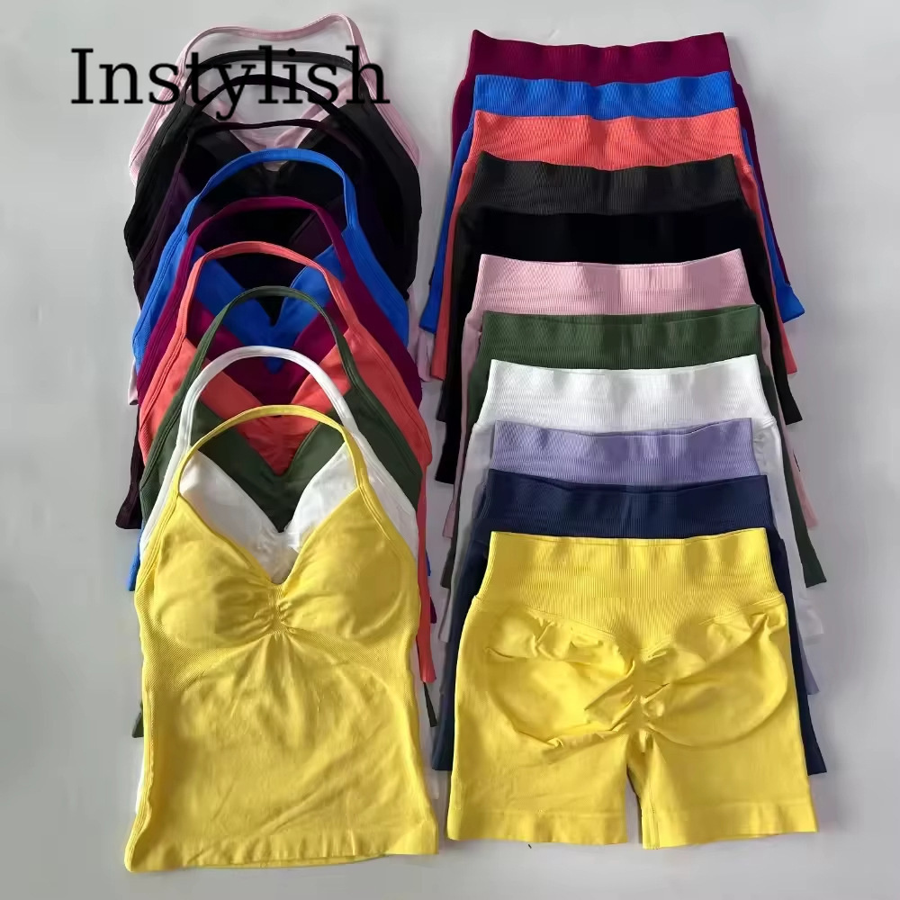 High Waist Leggings - ชุดโยคะไร้รอยต่อสำหรับผู้หญิง 2 ชิ้น เสื้อสายเดี่ยวคอวีรัดรูป กางเกงเลกกิ้งเอวสูงยืดหยุ่น ชุดออกกำลังกาย