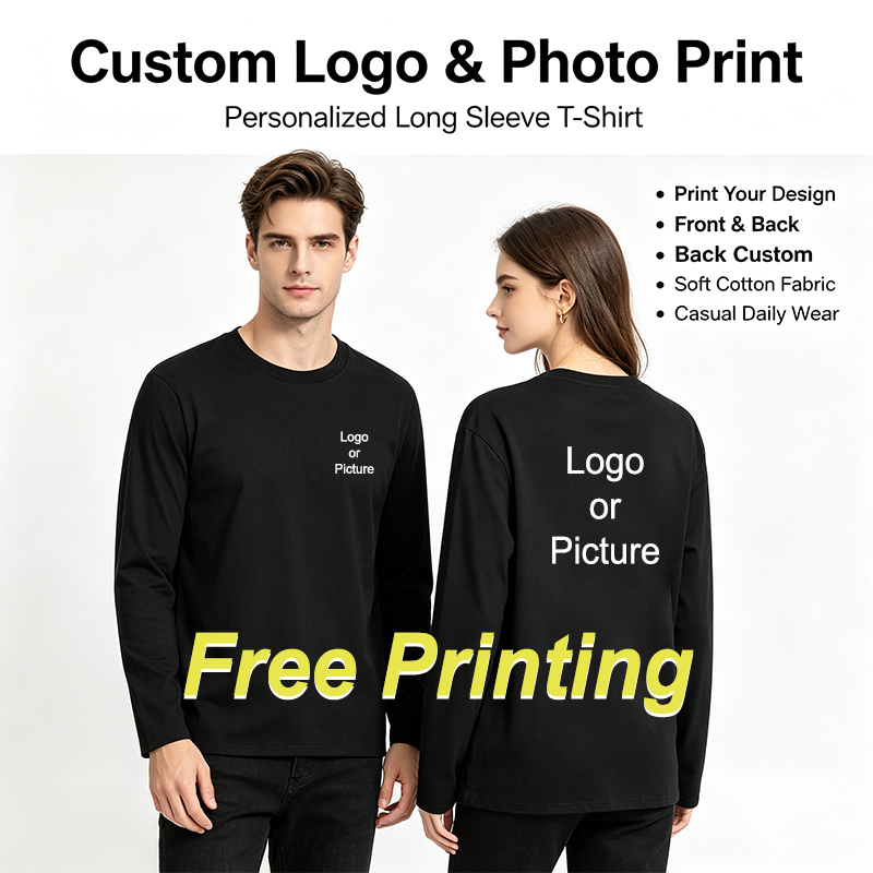 Women And Men Fashion - เสื้อยืดแขนยาวผ้าฝ้ายแบบกำหนดเองได้ แฟชั่นผู้ชาย พิมพ์ลาย คอกลม เสื้อยืดผู้หญิง สวมใส่สบายๆ