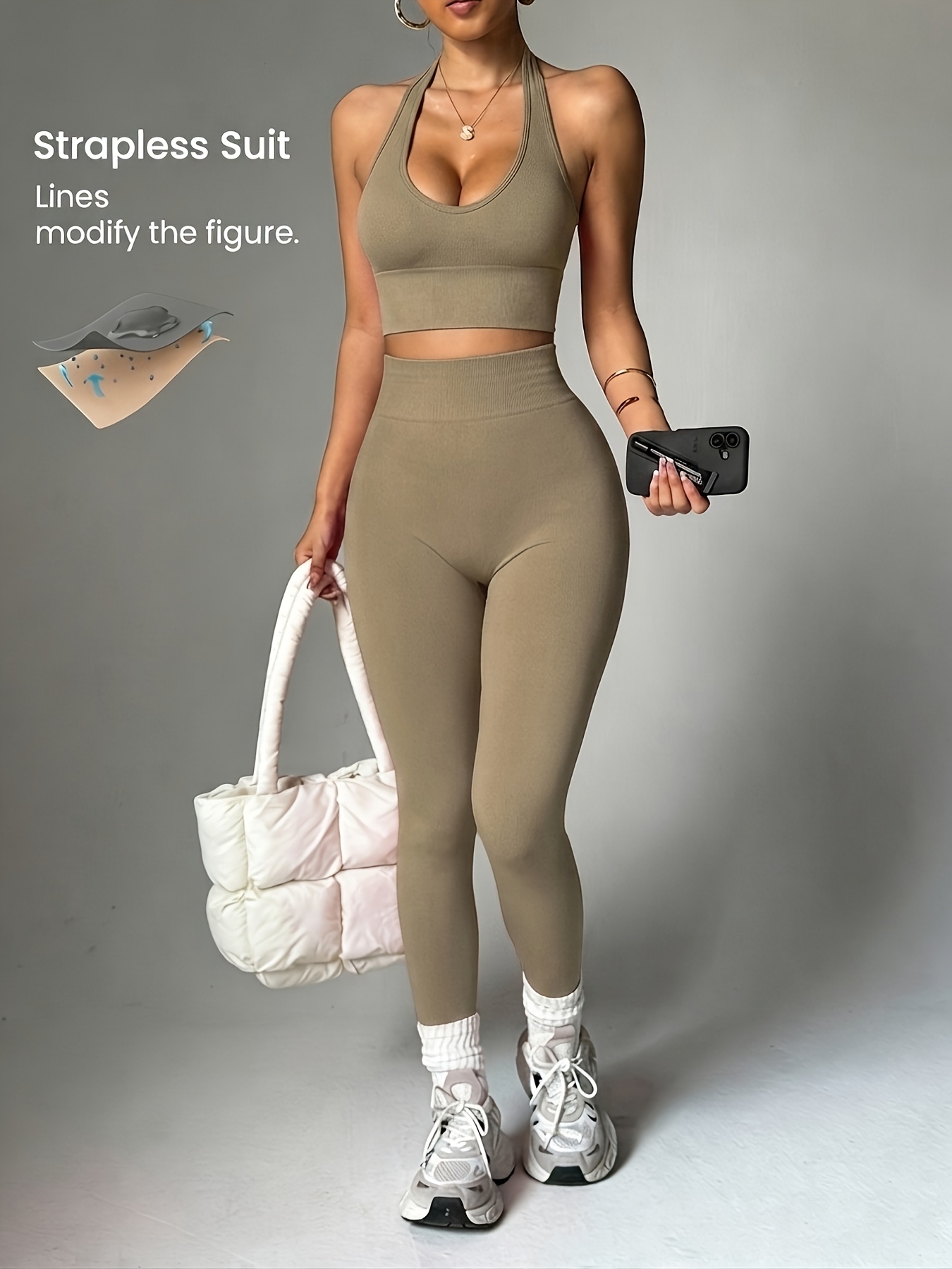 High Waist Leggings - ชุดกีฬาสตรีอเนกประสงค์แฟชั่นสีทึบ 2 ชิ้น เสื้อกล้ามกีฬาคอ halter เซ็กซี่