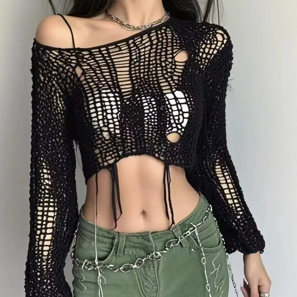 เสื้อครอปถักลายฉลุเซ็กซี่สไตล์ - Women'S Fashion Knitwear บทวิจารณ์และราคา