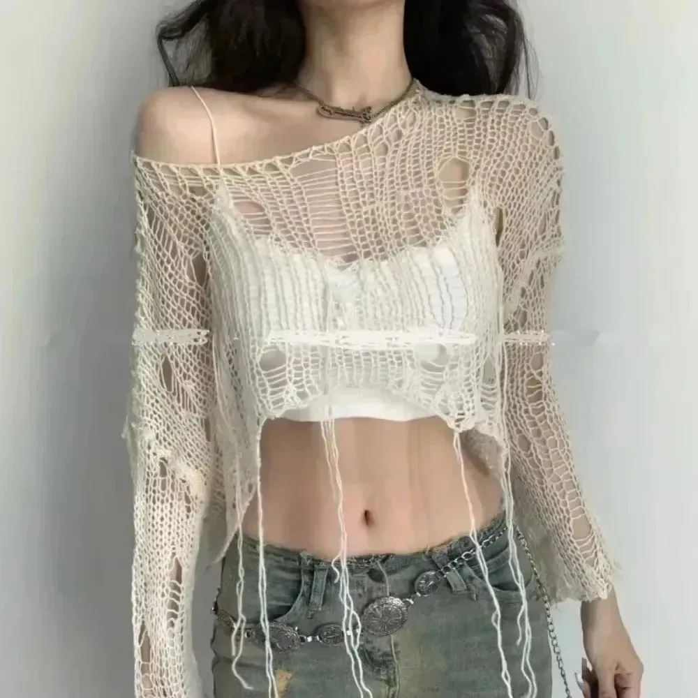 เสื้อครอปถักลายฉลุเซ็กซี่สไตล์ - Women'S Fashion Knitwear บทวิจารณ์และราคา